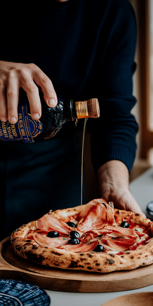 Pouring Olive Oil on Pizza
